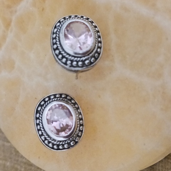 Silver Tone Faceted Light Rose Pink Post Earrings - Picture 3 of 6